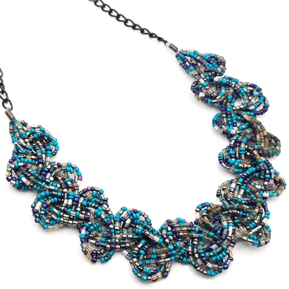 Artisan Beaded Multi Strand Necklace Turquoise Blue‎ Purple Silver Seed Beads